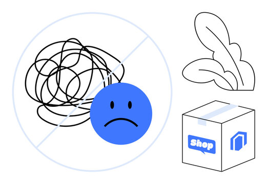 Negative feedback, online shopping, retail customer service, dissatisfaction, complaint resolution, consumer experience. Sad face, shopping box and crossed-out scribble. Negative feedback and online
