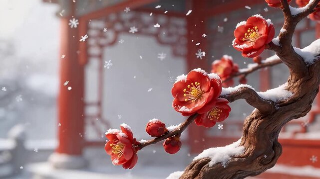 Red plum blossoms with snow and classical architecture