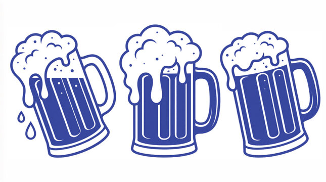 Blue line art beer mugs with frothy foam, set of three glass tankards with overflowing bubbles, minimalist brewery vector illustration for pub menus