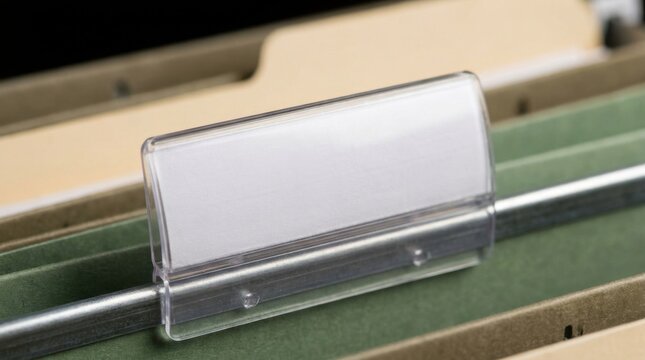 Close-up of a blank plastic hanging file folder tab with paper insert for document organization