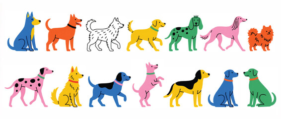 Colorful dog breed vector set, 14 stylized pet animal characters in vibrant flat design, diverse canine breeds collection for veterinary and pet care branding © Muhammad