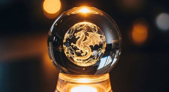 Crystal ball illuminated dragon design mystical object on dark background