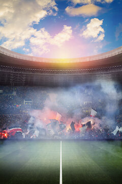 textured soccer game field with fan neon fog - center, midfield