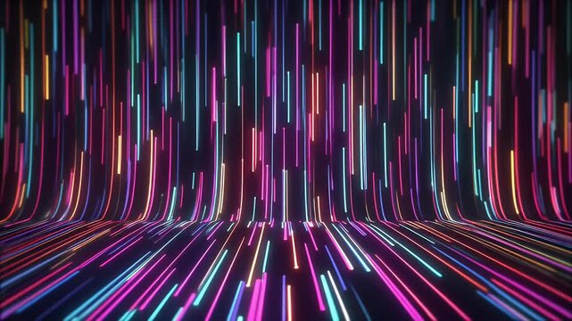 Vibrant colorful neon light trails swirl and converge in a mesmerizing digital tunnel vision scene