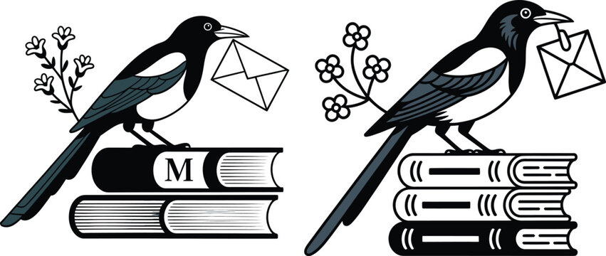 Magpie birds perched on books carrying letters with black and white envelope communication delivery illustration wildlife knowledge education literacy