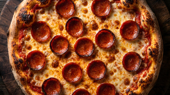close-up overhead shot of pepperoni pizza with melted cheese and golden crust on wooden table