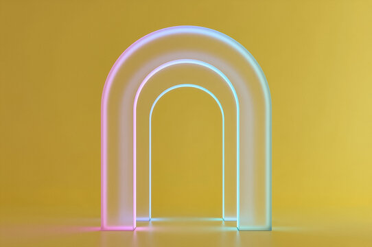 Arch sculpture stands centrally against a yellow plane under soft illumination. Iridescent material reflects pastel pink and blue hues across the curved surface in this minimal composition.