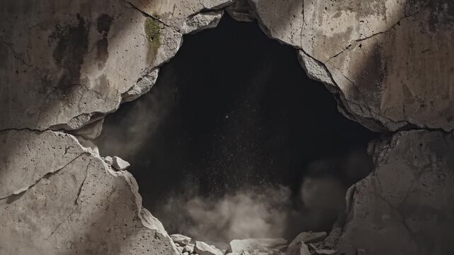 A gaping, jagged hole appears in a textured, rough-textured wall, revealing a dark void beyond with swirling dust motes dancing in the unseen light, suggesting a breach or entryway