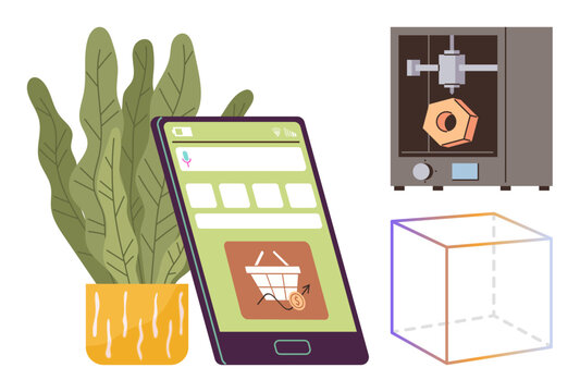 E-commerce, 3D printing, online shopping, innovation, product design, manufacturing. Tablet screen showing shopping cart icon, plant 3D printer geometric object. Online shopping and 3D printing