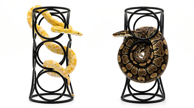 Two snakes resting on black metal wine racks isolated on white background