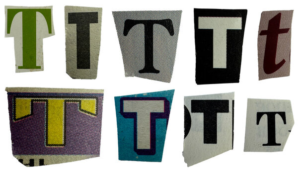 Ransom note style font letter T cut from vintage newspapers and magazines. Real paper collage character, mixed typography and handmade clipping isolated on white background. Collage element