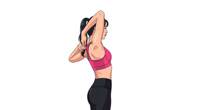 Woman stretching arms behind head in workout clothes.