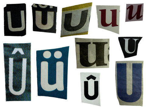 Ransom note style font letter U, u with umlaut, u accent circonflexe, cut from vintage newspapers and magazines. Real paper collage character, mixed typography and handmade clipping isolated on white