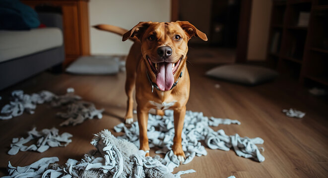 Happy brown dog standing in a home living room surrounded by shredded fabric and stuffing from a destroyed toy on the wooden floor surface