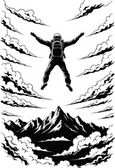 Skydiver Freefall Over Mountain Peak with Dramatic Clouds – Extreme Sport Black and White Vector Illustration © Tubaart70
