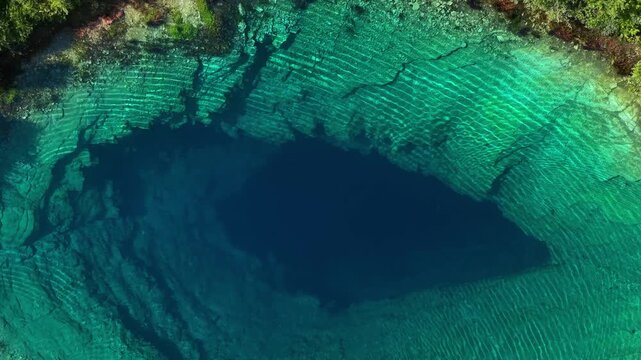 Aerial view of the Eye of the Earth, Cetina River Spring in Croatia, deep blue karst spring water