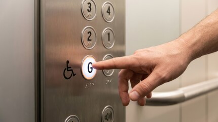 Obraz premium Hand Pressing Elevator Button Button Hand Ground Floor Accessibility Interior Modern Lift. Concept featuring button, hand, ground floor, accessibility, interior for professional commercial design.