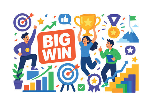 Success Achievement Goals colorful flat vector banner, two stylized winners and one coach interacting with oversized trophy, target board and medal, thumbs up, growth arrow and celebration ribbon