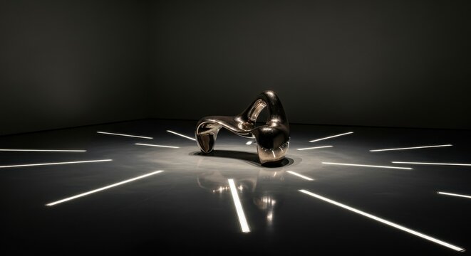 Modern abstract metallic sculpture illuminated by subtle floor lights in a dark exhibition space