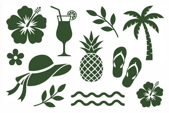 Tropical summer vacation icons set, dark green beach silhouettes with palm tree and hibiscus, exotic travel vector elements for resort branding