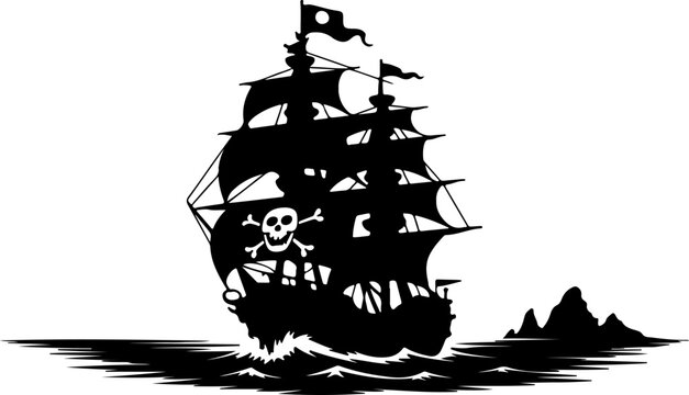 Pirate Ship Silhouette with Skull Flag Sailing at Sea &ndash; Vintage Nautical Vector Illustration