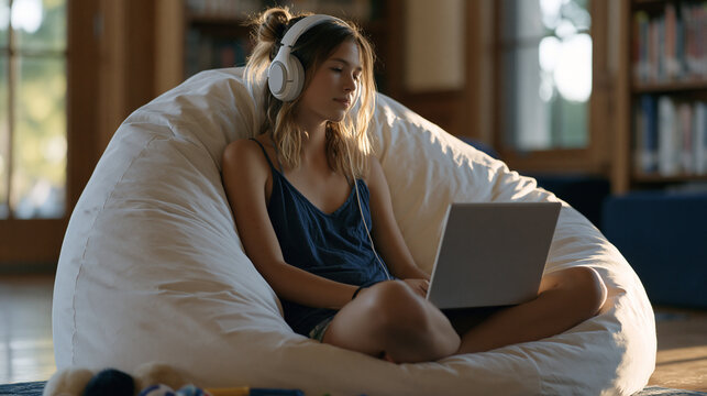 Teen programmer with ADHD sits cross-legged on a beanbag in a quiet sensory-friendly library study room, wearing noise-canceling headphones, working through a coding bootcamp module on a screen, fid