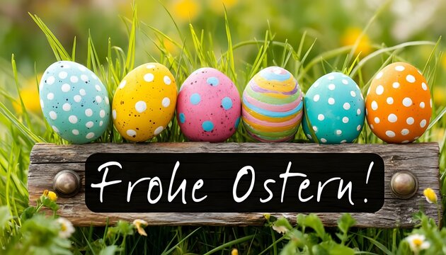 Colorful easter eggs arranged on wooden plank with german happy easter greeting in grass