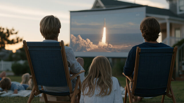 Suburban family in lawn chairs watches live rocket launch broadcast from a coastal site on an outdoor projector screen during a summer evening neighborhood gathering, launch trajectory maps printed 