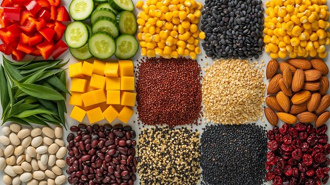 Assorted colorful grains seeds nuts and vegetables arranged in square pattern healthy food background concept