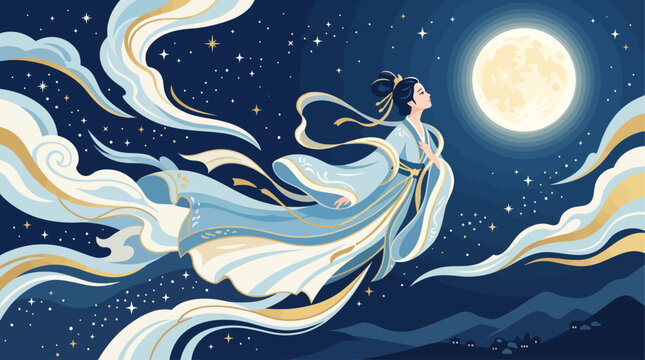 This flat design illustration vividly portrays the classic Mid-Autumn Festival legend of Chang'e, the Moon Goddess, gracefully ascending to the full moon.