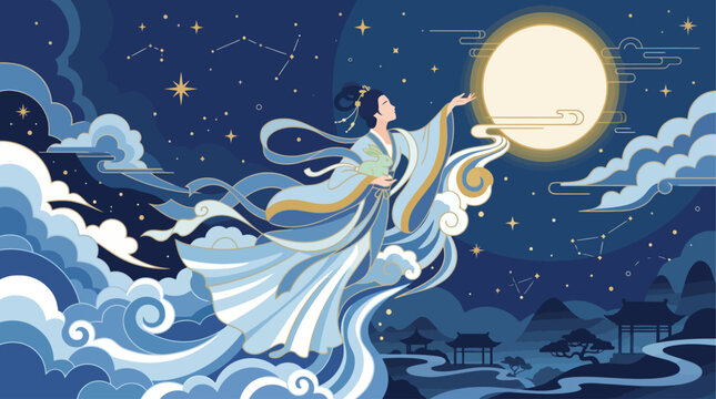 This flat design illustration vividly portrays the classic Mid-Autumn Festival legend of Chang'e, the Moon Goddess, gracefully ascending to the full moon.