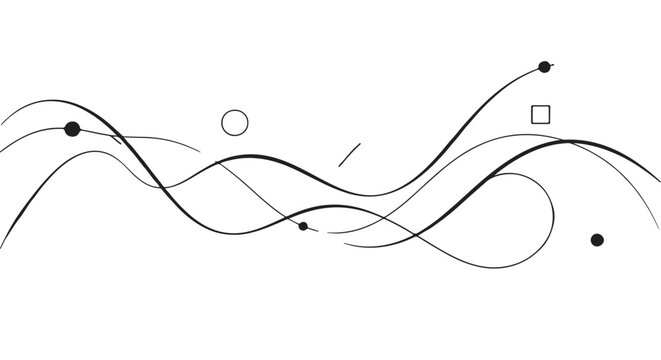 Organic mono line wave structure with floating geometric interruptions, black fluid vector strokes on white canvas, sophisticated Scandinavian minimal aesthetic, clean bezier curves, commercial brandi