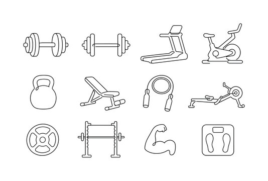 Gym Fitness Equipment. Minimalistic set one-line drawing dumbbell, barbell, treadmill, exercise bike, kettlebell, workout bench, skipping rope, rowing machine, weight plate, squat rack, bicep curl,
