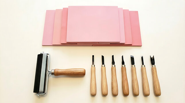 Linocut printmaking supplies including rubber blocks, brayer and carving tools