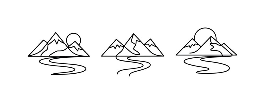 Minimalist mountain range and river line art logo designs with sun