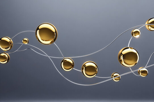 Golden spheres connected by thin silver wires form an undulating abstract sculpture against a smooth gray gradient background.