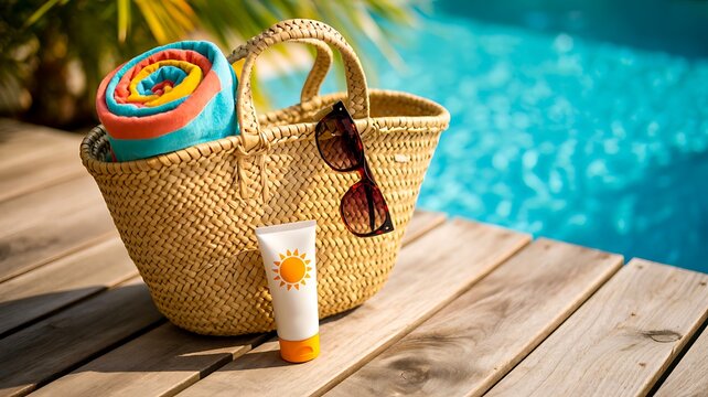 Beach bag with hat sunglasses and sunscreen near pool representing summer vacation and travel essentials concept