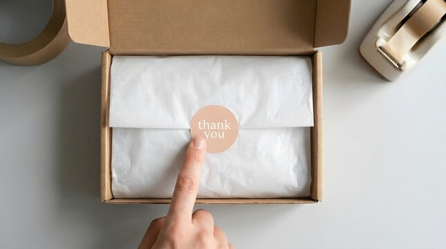 op View of Hand Sealing Ecommerce Package with Thank You Sticker in Cardboard Box