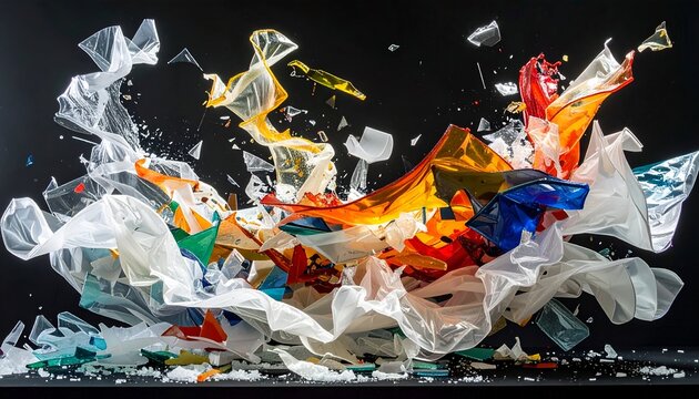 Plastic, colorful debris in dynamic explosion against black