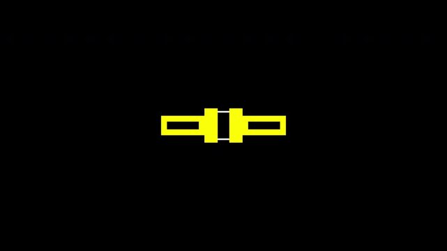 Minimal retro pixel animation featuring a small square snapping between yellow connector brackets with green pixel sparks on a clean black background