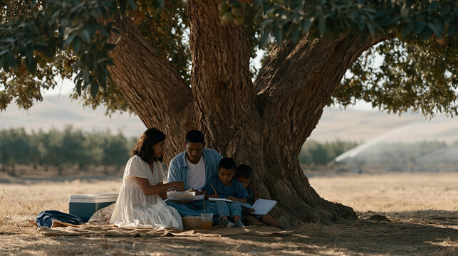 Migrant farmworker family sits under a walnut tree at midday break in a California orchard, sharing food from a cooler, children drawing in notebooks, a distant irrigation sprinkler arcing water acr