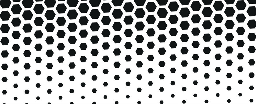 PrinBlack hexagon gradient texture. Fading honeycomb pattern background. Geometric hexagonal halftone tech overlay backdrop. Horizontal grunge halfton wallpaper. Vector retro technology dot texuret