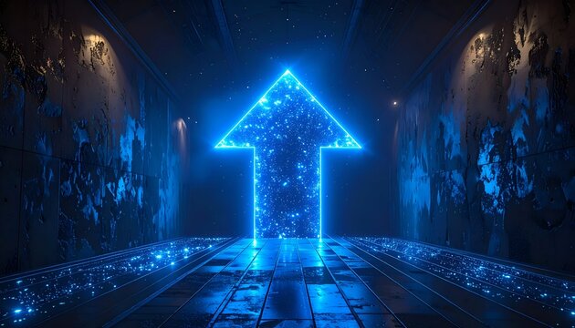Glowing blue arrow points upward in dark, textured hallway