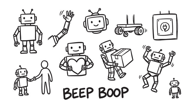 Set of robot doodles depicting various actions and types including a waving arm, screen head, carrying box, and dancing.
