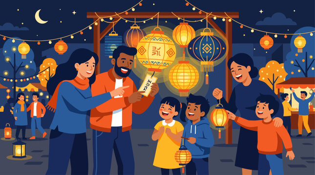 This flat design illustration captures the lively tradition of solving lantern riddles during the Mid-Autumn Festival, with people of all ages enjoying the interactive game.