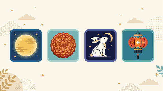 This flat design illustration presents a clean set of abstract icons symbolizing the core elements of the Mid-Autumn Festival in a modern, minimalist style.