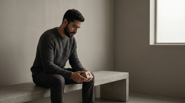 A man is sitting alone and deep in thought in a room with a window