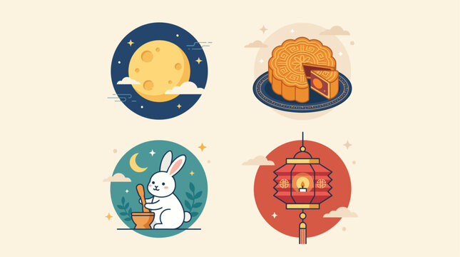 This flat design illustration presents a clean set of abstract icons symbolizing the core elements of the Mid-Autumn Festival in a modern, minimalist style.