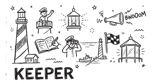 Lighthouse keeper with binoculars, logbook, and lighthouse illustration.