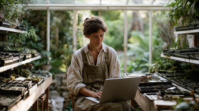 Botanist working from greenhouse converted home office, propagation trays lining shelves, laptop balanced on potting bench, video meeting in progress, unconventional remote workspace, plant scientis